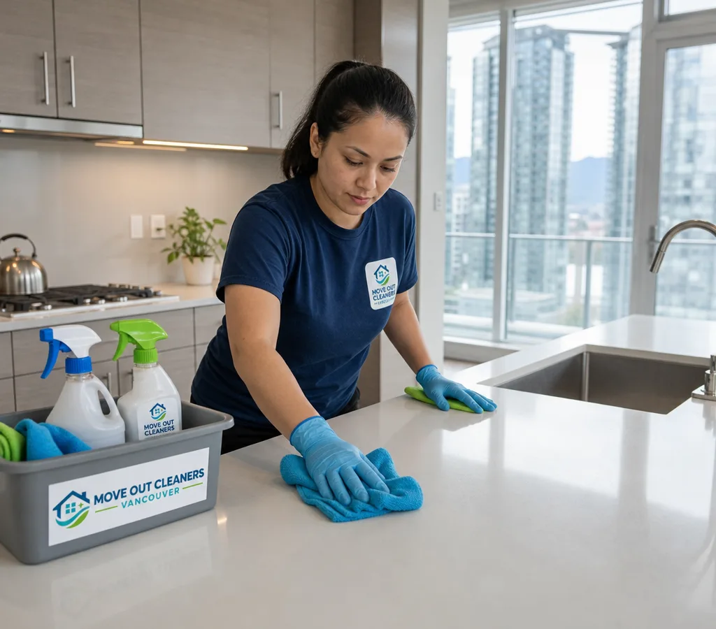 Cleaner wiping down a bright Vancouver condo kitchen with microfiber cloths and cleaning supplies