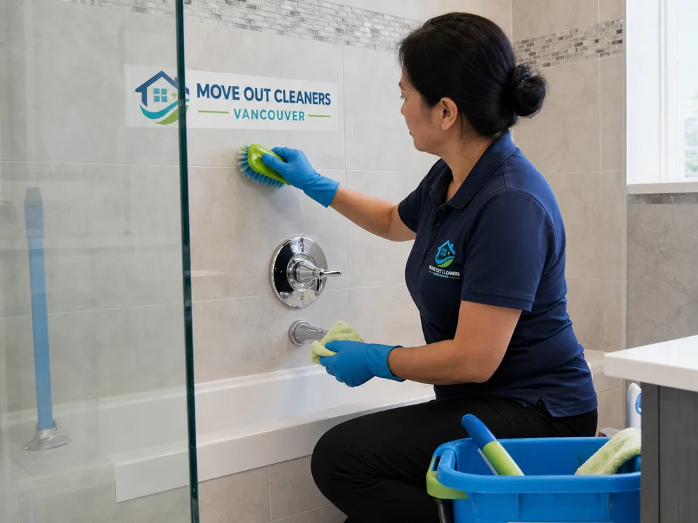 Cleaner scrubbing bathroom tile grout and wiping chrome fixtures with non-abrasive tools