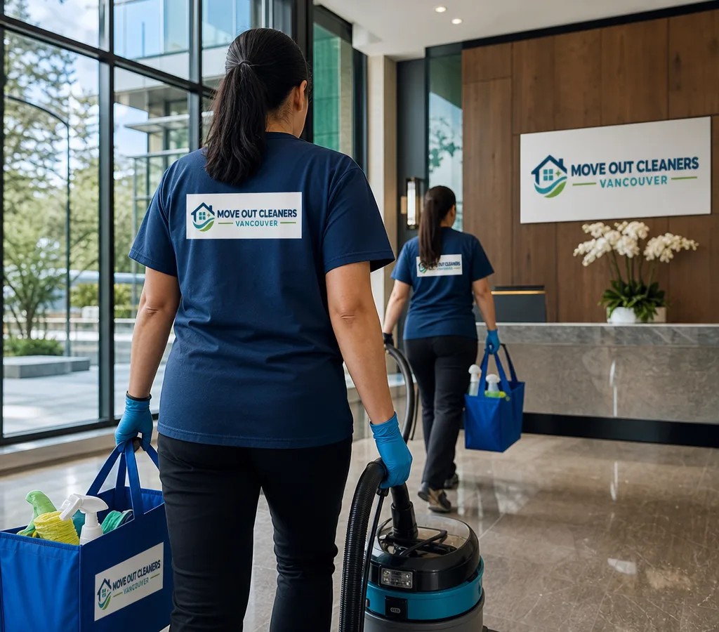 Professional cleaners arriving at a Vancouver condo lobby with labeled cleaning totes and a vacuum