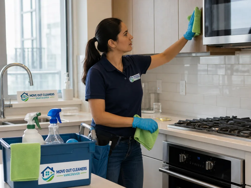 Cleaner wiping down a Vancouver condo kitchen with microfiber cloths and a cleaning caddy