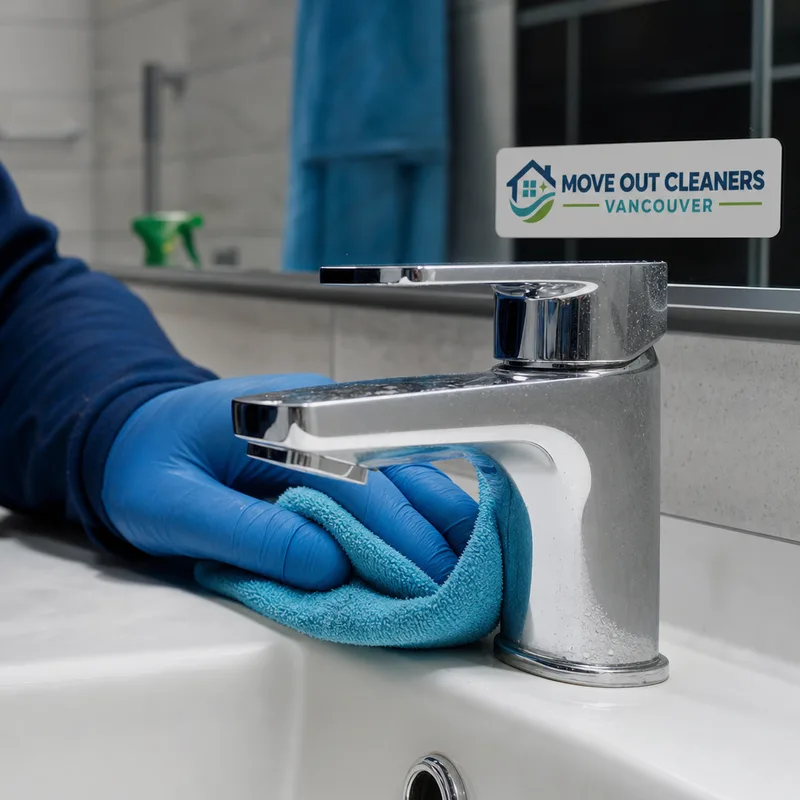 Gloved cleaner detailing a bathroom faucet and sink edge and removing visible water spots with a microfiber cloth