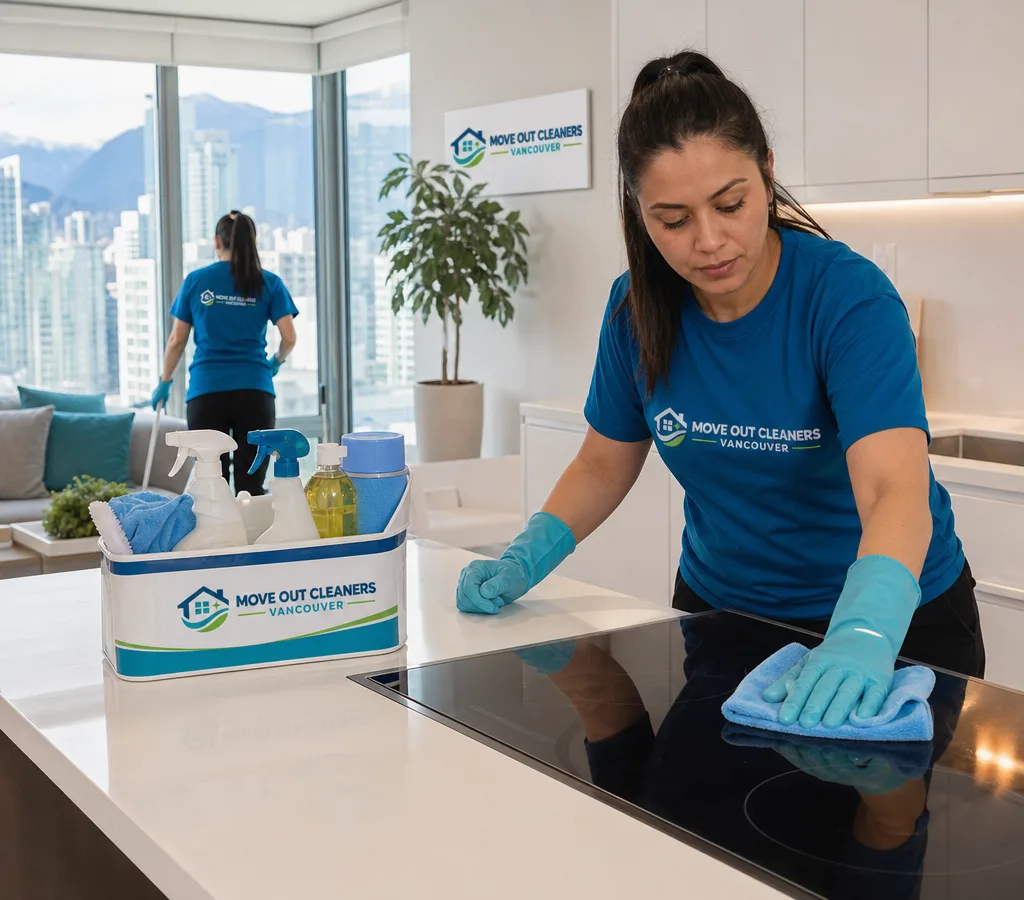 Vancouver cleaner wiping a condo kitchen counter and stovetop with cleaning supplies neatly staged