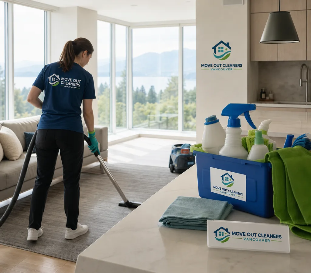 Bright North Shore-style living room and kitchen with professional cleaning supplies neatly staged on a counter