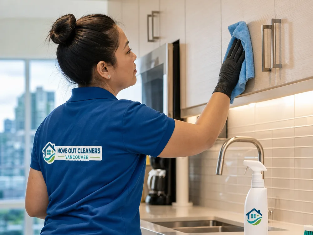 Cleaner wiping kitchen cabinet fronts and handles with a microfiber cloth in a modern North Vancouver condo kitchen