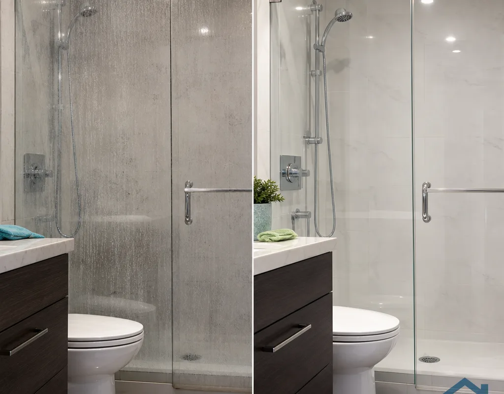 Before-and-after Vancouver condo bathroom showing shower glass and fixtures before and after cleaning