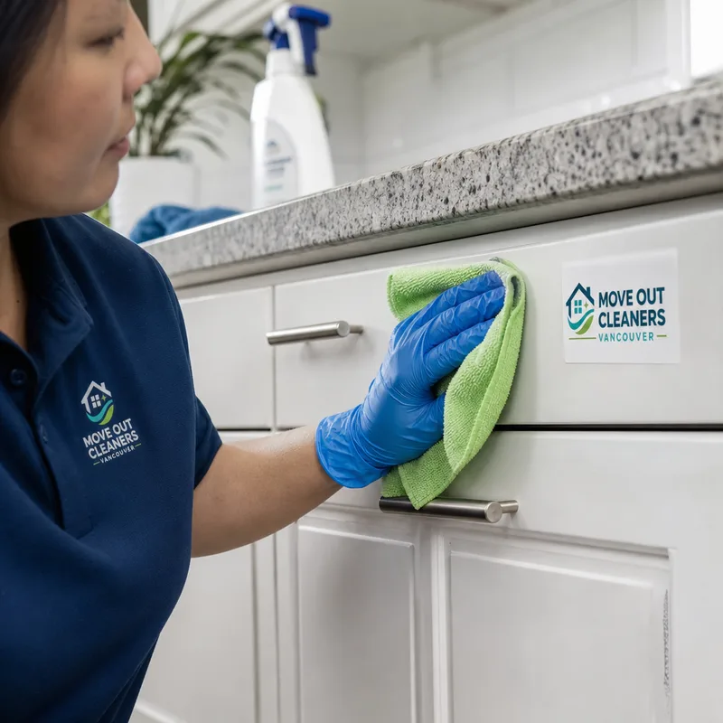 Cleaner wiping kitchen cabinet faces and hardware with a microfiber cloth and finish-safe products