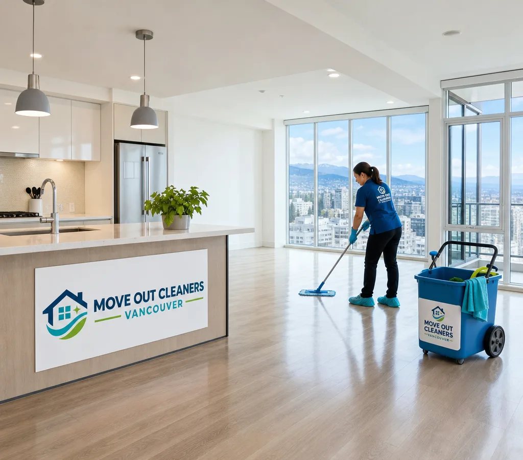 Bright Vancouver condo living room and kitchen after a professional clean, with clean baseboards and streak-free glass