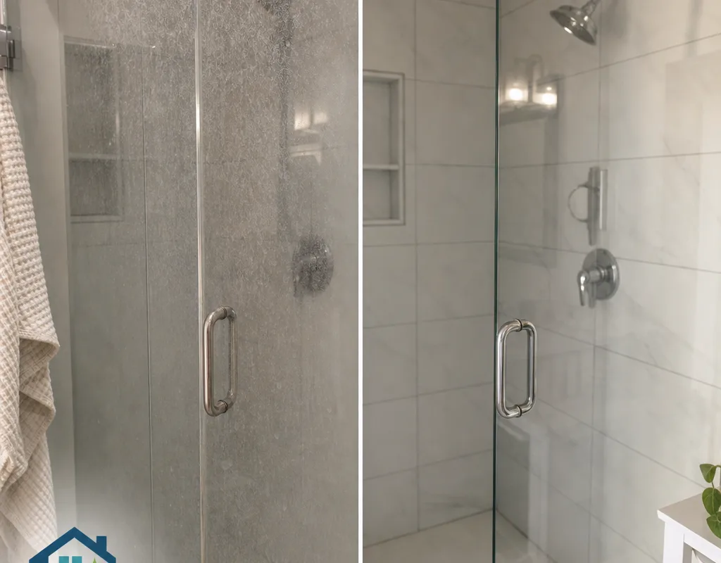 Before-and-after comparison of a spotted and then streak-free glass shower panel