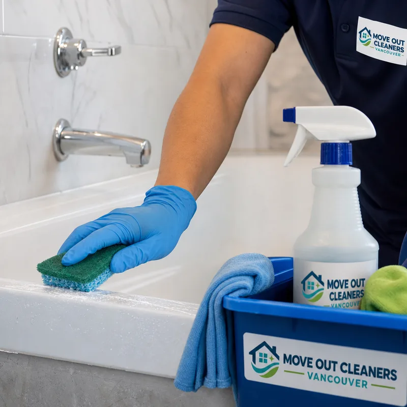 Cleaner scrubbing soap scum along a bathtub edge with a non-scratch pad