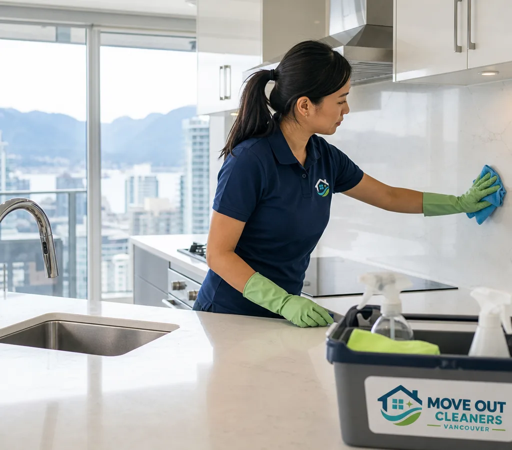Professional cleaner wiping a bright Vancouver condo kitchen counter and backsplash
