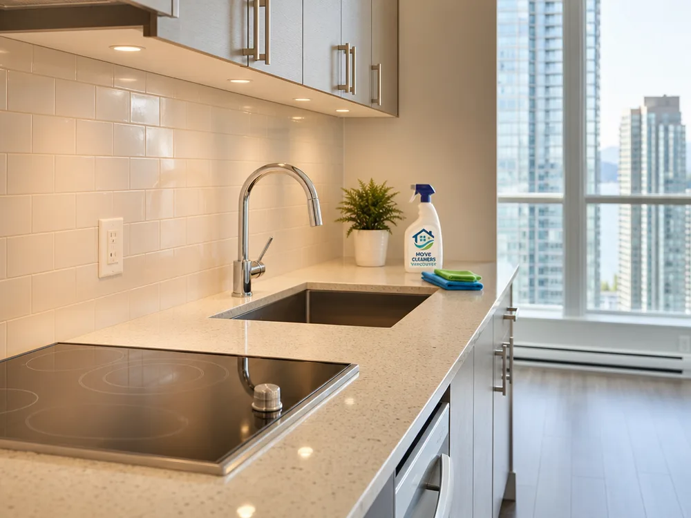 Spotless condo kitchen with a cleaned stovetop, polished sink, and crumb-free counters