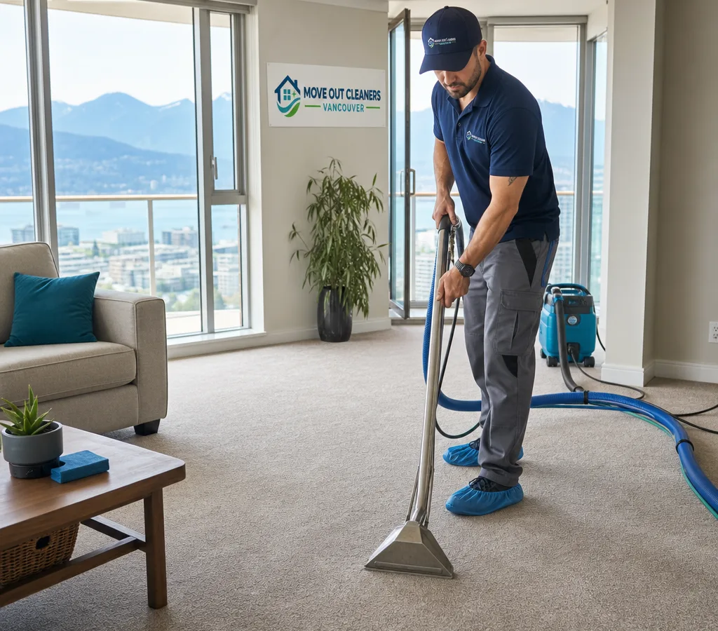 Technician using a hot water extraction wand to clean wall-to-wall carpet in a bright North Vancouver condo