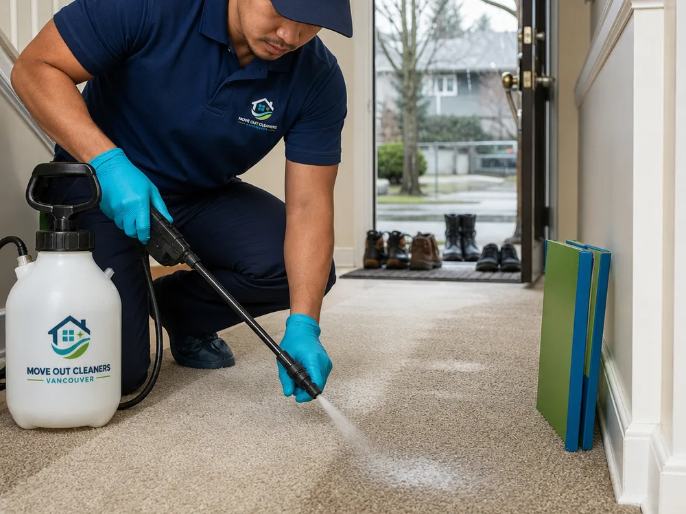Carpet cleaning technician applying pre-spray to a high-traffic entryway lane with corner guards in place