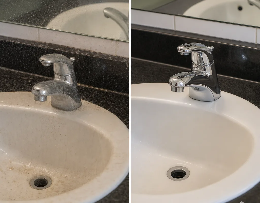 Before-and-after view of a bathroom sink and faucet with water spots and soap film removed