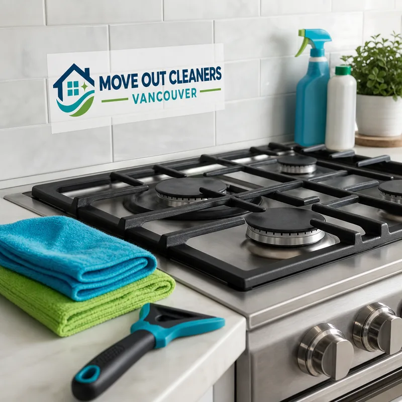 Freshly cleaned kitchen stovetop and backsplash with microfiber cloths and a scraper tool nearby