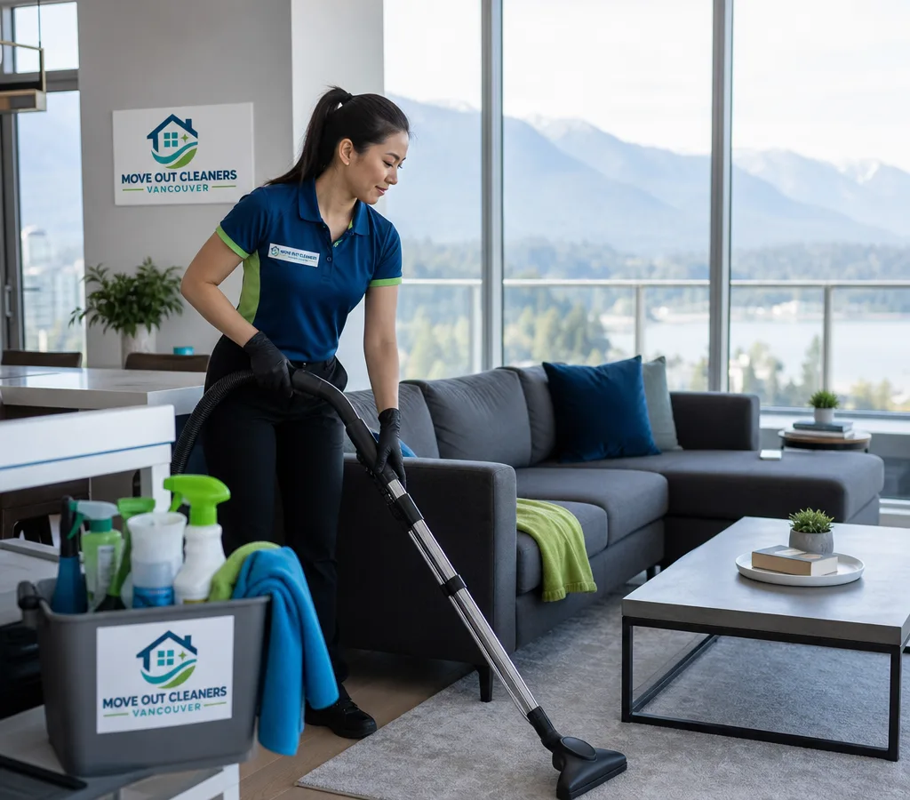 Cleaner finishing a bright North Vancouver condo living room with a vacuum and microfiber cloths