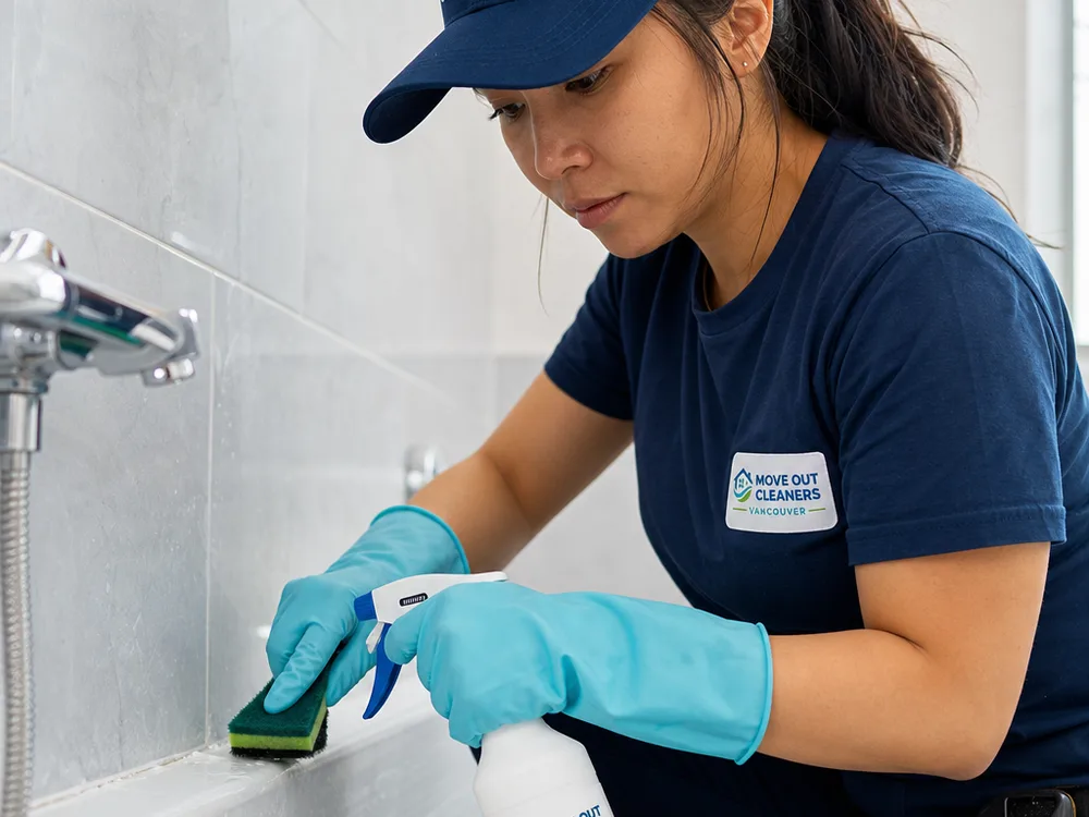 Cleaner scrubbing a bathroom tub edge and grout line with a non-scratch pad and safe cleaner