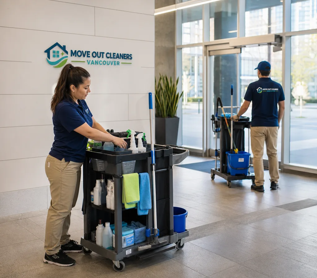 Commercial cleaning team preparing carts and supplies in a modern Vancouver office lobby with glass doors and tile floors