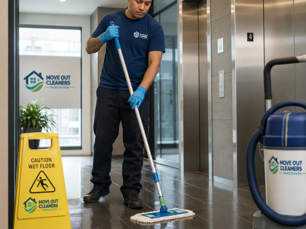 Cleaner vacuuming a commercial hallway and mopping sealed hard floors near an elevator bank in a Vancouver tower common area