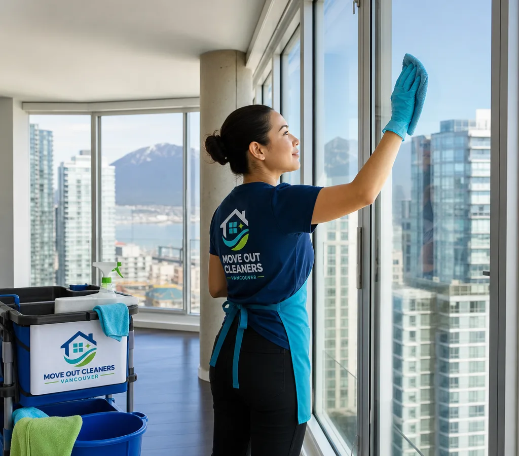 A janitorial cleaner wiping high-touch surfaces and glass in an empty Vancouver apartment after move-out