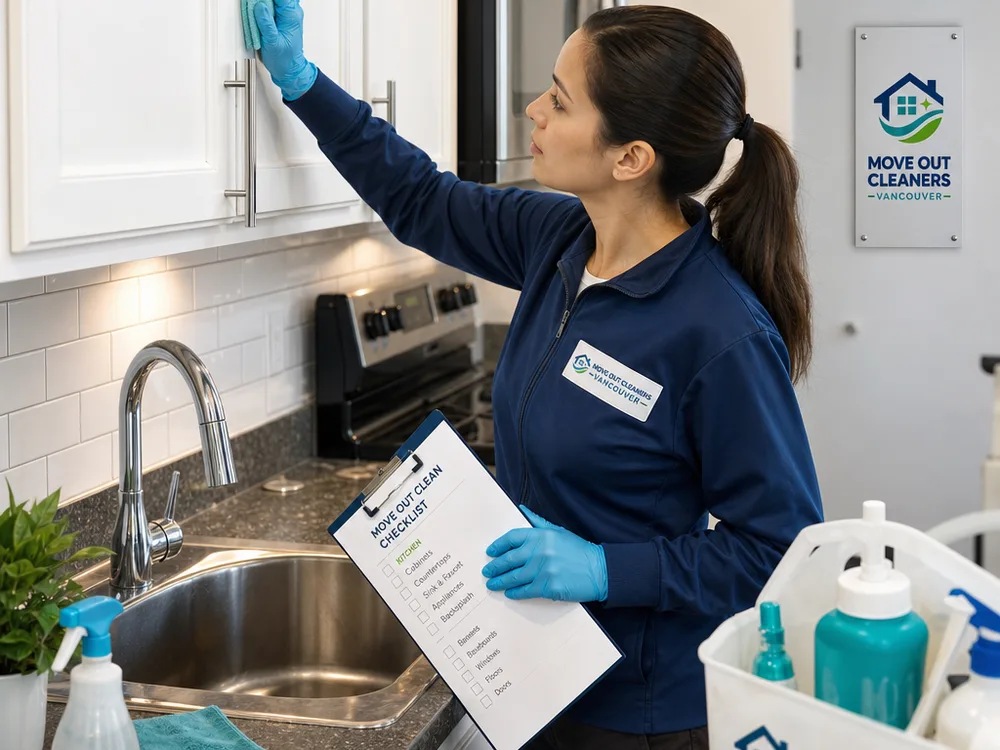 Cleaner wiping cabinet fronts, polishing a stainless sink, and detailing kitchen backsplash grout