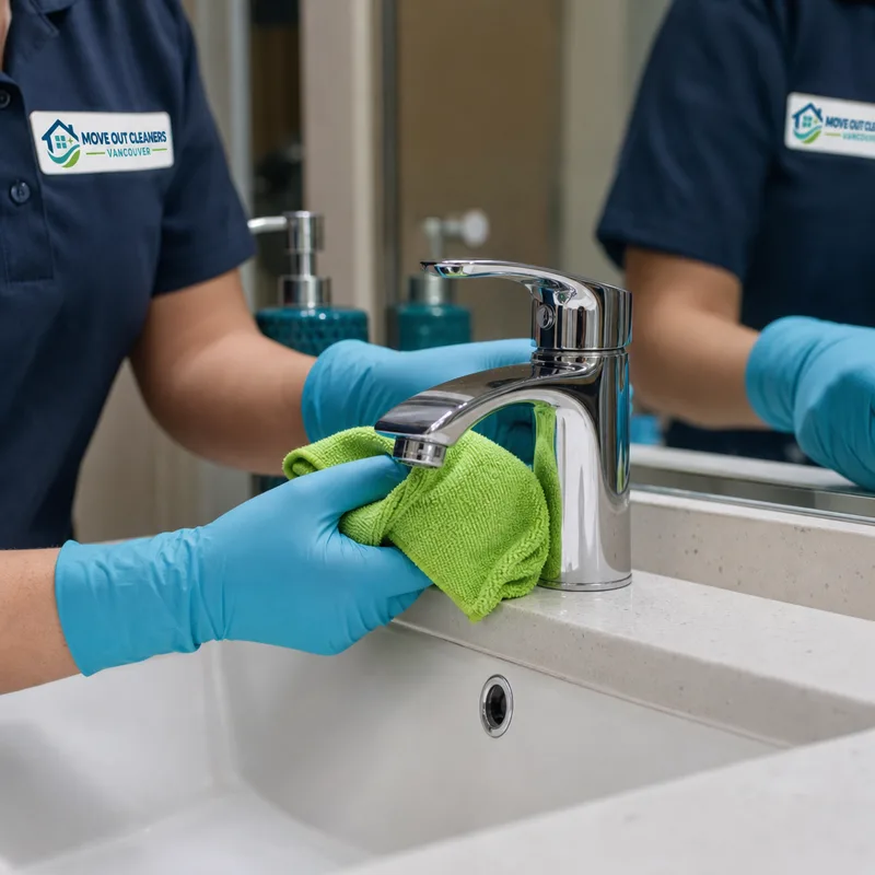 Housekeeper detailing a bathroom sink and chrome faucet for a streak-free finish