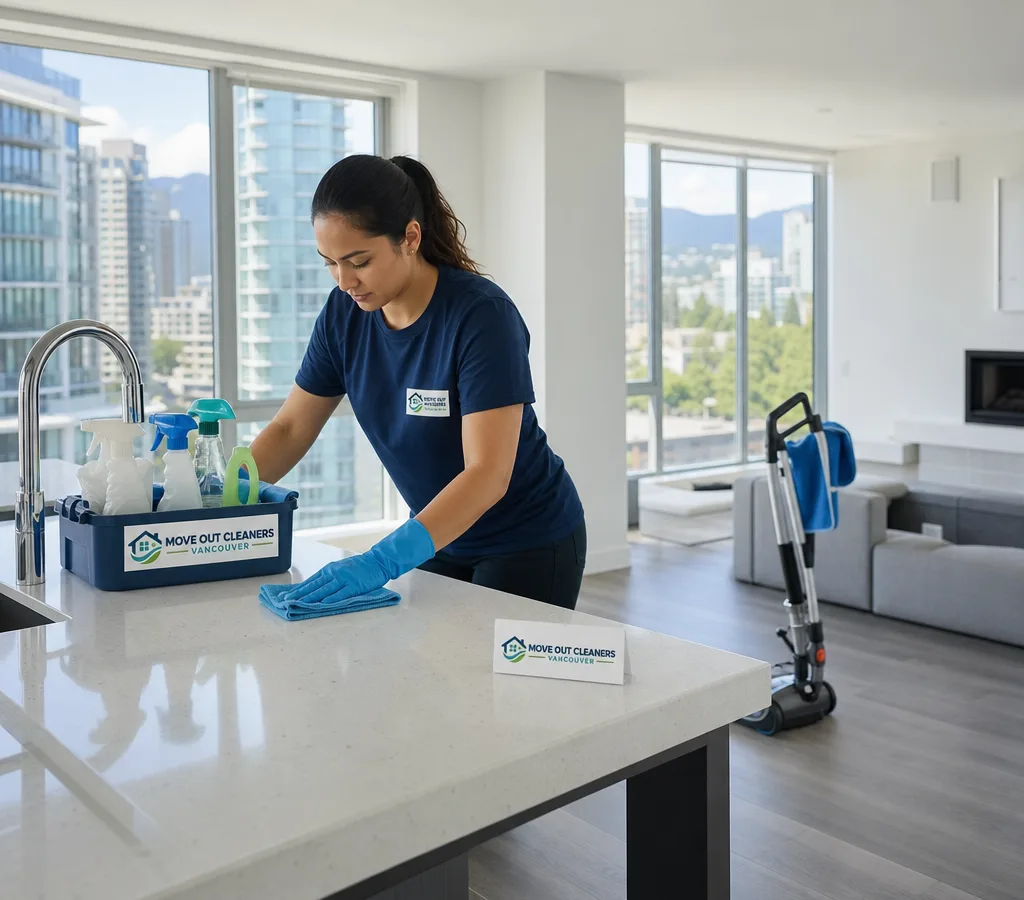 Professional housekeeper tidying and detailing a bright Vancouver condo living area