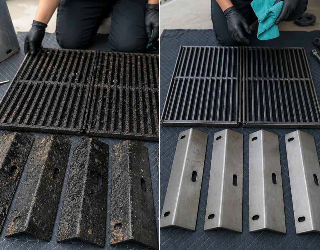 Grill grates and heat plates before and after cleaning, displayed on a protective mat