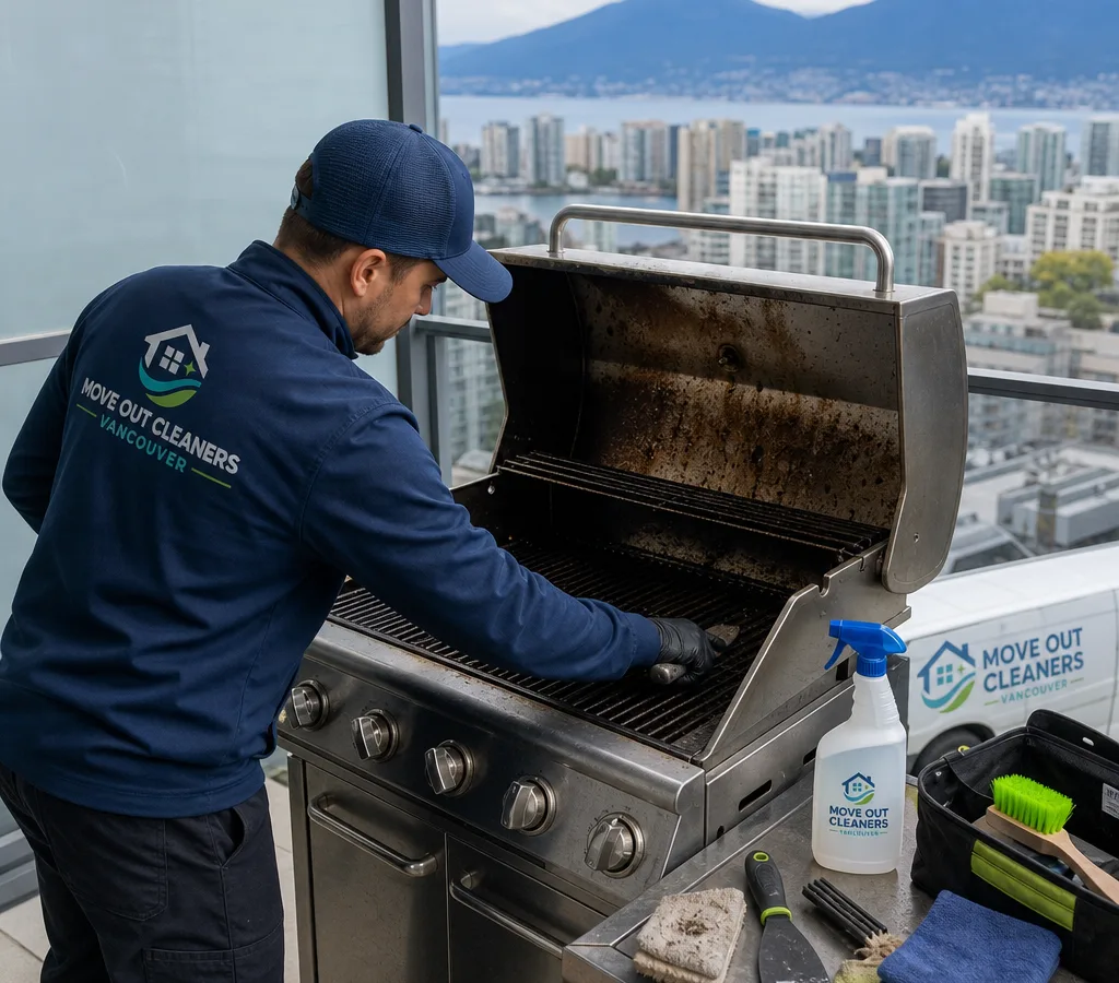 Technician cleaning a stainless steel BBQ grill on a Vancouver condo balcony with tools arranged neatly