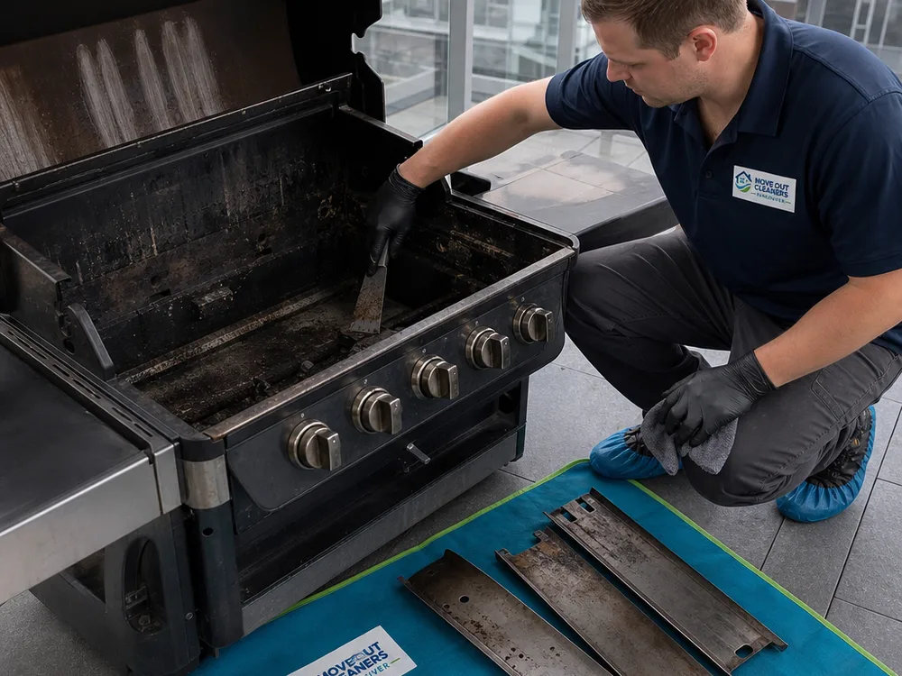 Grill interior with grates removed and cleaned heat plates arranged on a protective balcony mat