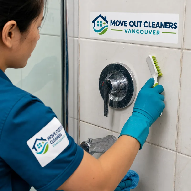 Cleaner detailing bathroom tile grout and shower fixtures with a brush and microfiber cloth