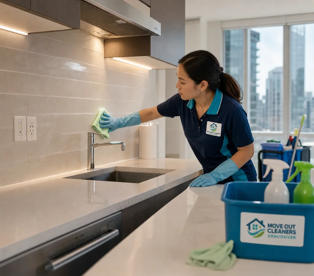 Cleaner wiping a Vancouver condo kitchen counter and backsplash with supplies neatly staged
