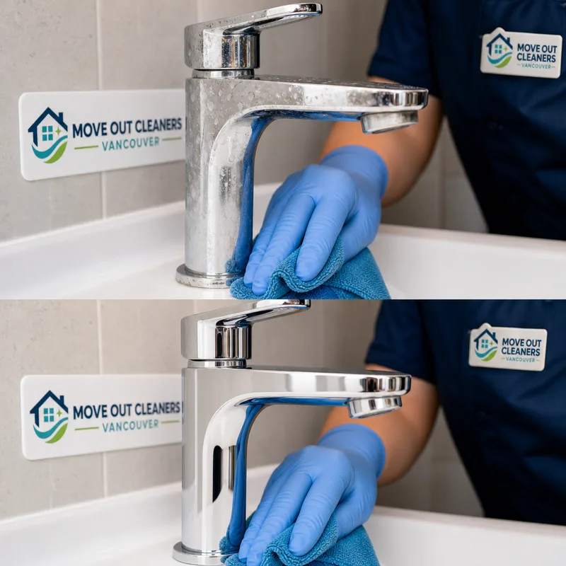 Cleaner removing water spots from a condo bathroom faucet and sink edge with a microfiber cloth