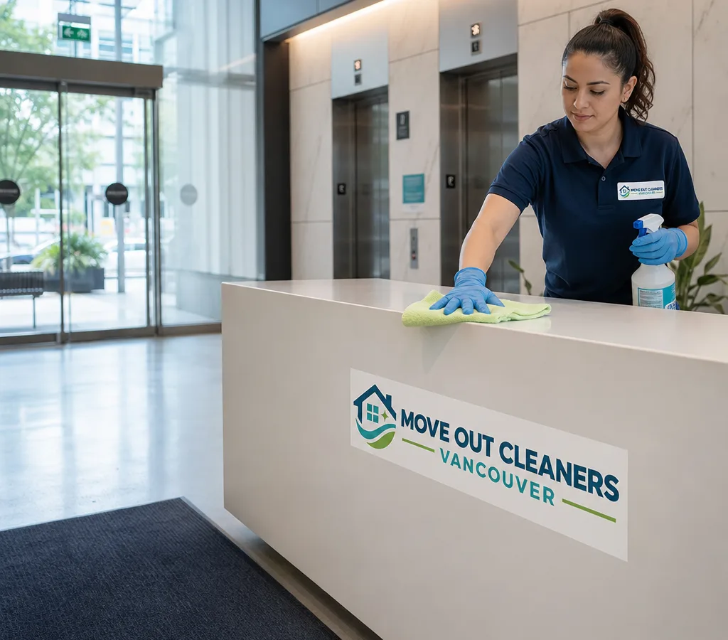 Cleaner wiping down a reception counter and disinfecting high-touch points in a modern Vancouver office lobby with elevator doors and glass entry visible