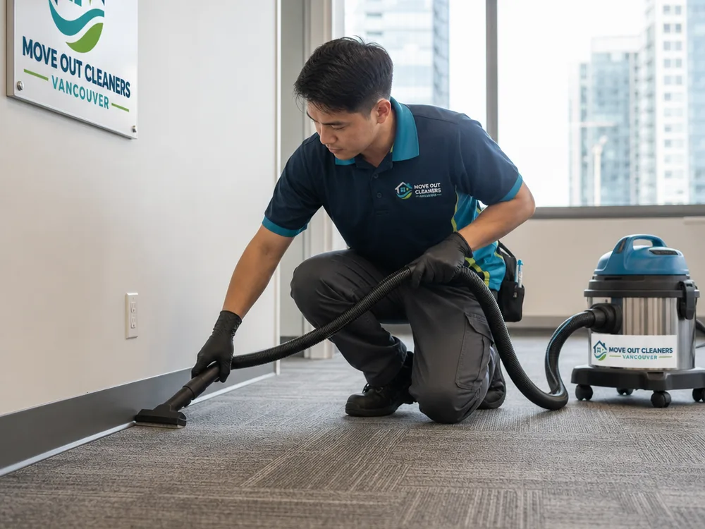 Cleaner in uniform vacuuming along baseboards and corners in an empty office suite with large windows and carpet tiles, emphasizing detail work for a move-out turnover