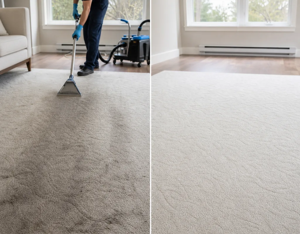 Light-coloured area rug before and after cleaning showing removed traffic-lane darkening and restored colour without fuzzing