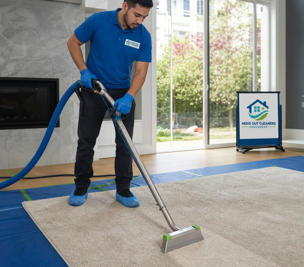 Technician cleaning an area rug in a Vancouver home using a professional hot-water extraction wand with corner guards and protective floor covering visible