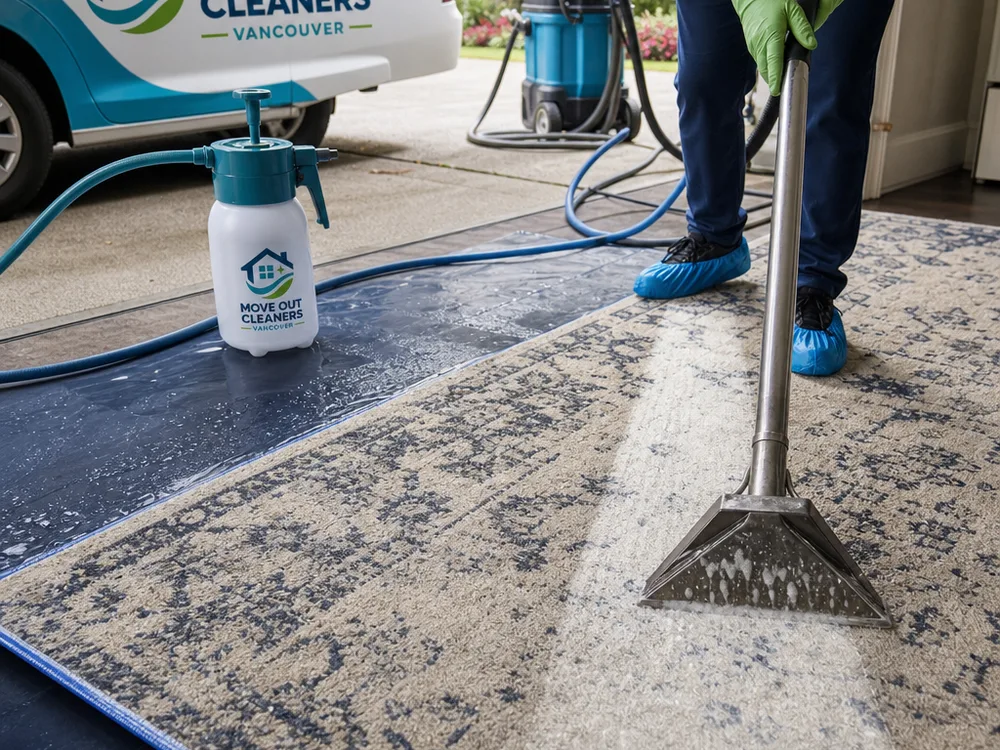 Close-up of rug pre-treatment and hot-water extraction creating a clean track with a moisture-safe mat beneath the edge