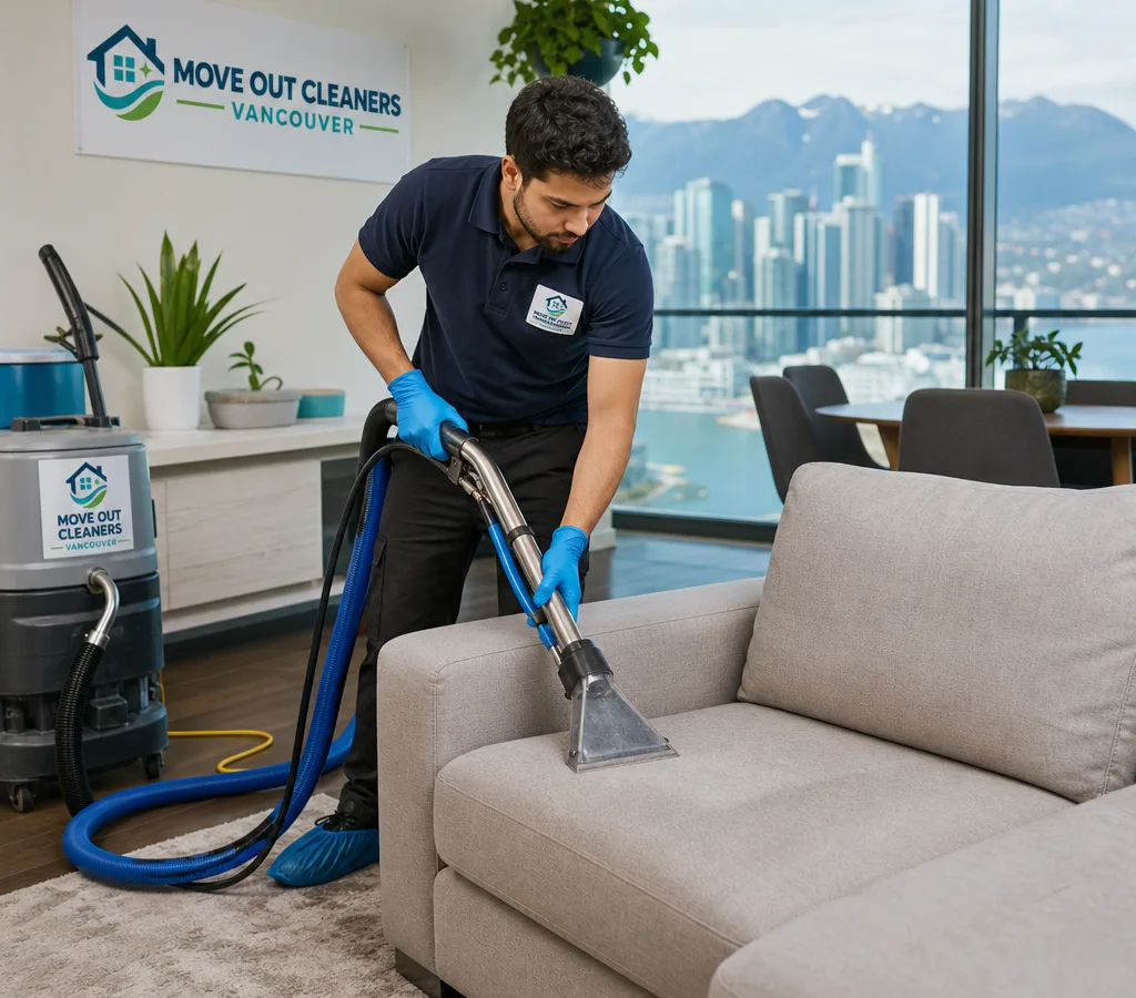 Technician cleaning a fabric couch in a Vancouver living room using professional upholstery extraction tools