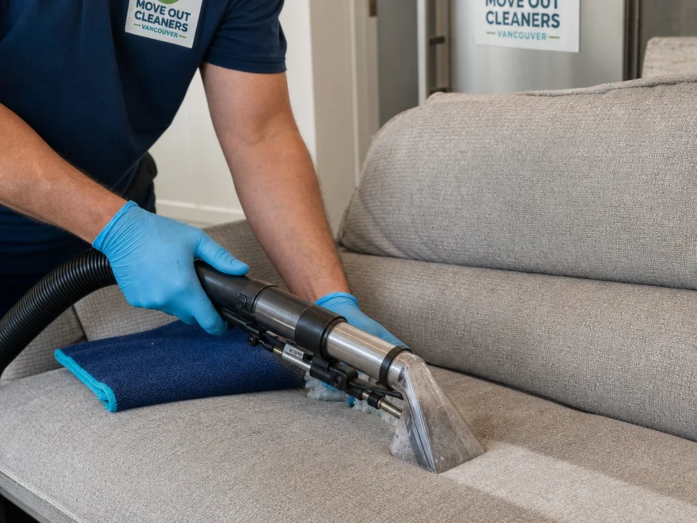 Upholstery extraction wand pulling moisture and dissolved soil from a couch cushion