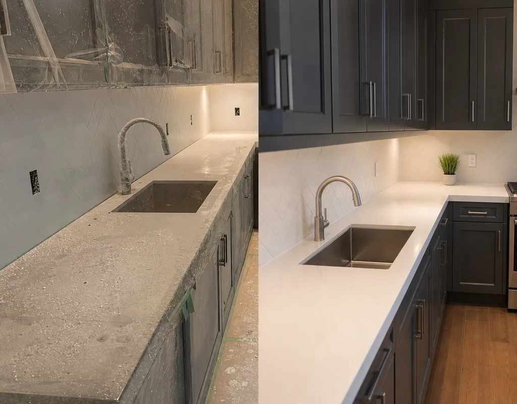 Renovated kitchen before and after cleaning, from dusty protective film to clean matte surfaces and polished fixtures