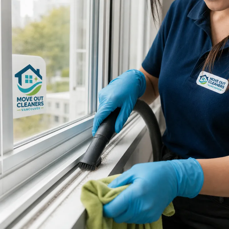 Cleaner removing fine drywall dust from a window track and sill with a vacuum attachment and microfiber cloth