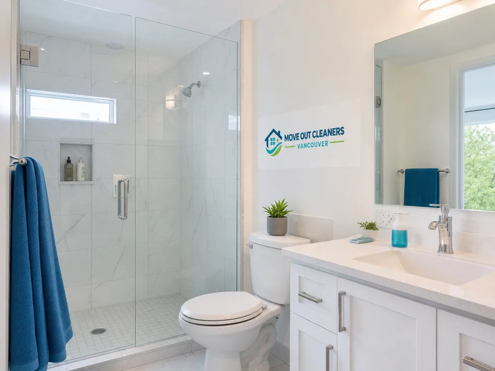 Finished bathroom with spotless shower glass, clean grout lines and dust-free baseboards after renovation cleaning