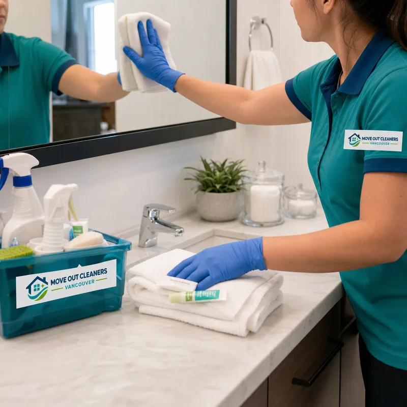 Cleaner resetting an Airbnb bathroom vanity, wiping fixtures and neatly staging towels and toiletries