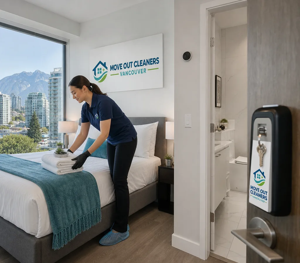 Bright freshly reset Vancouver short-term rental with crisp linens, staged towels, and a tidy entry setup