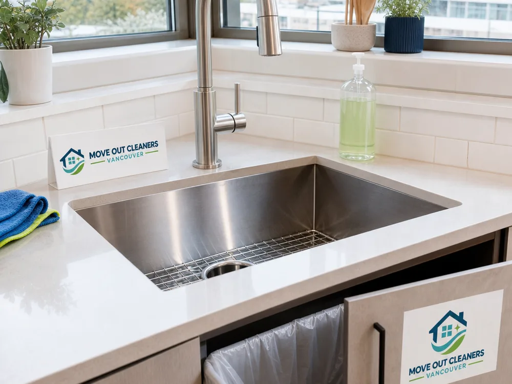 Spotless kitchen sink, streak-free stainless fixtures, wiped counters, and a freshly relined trash bin