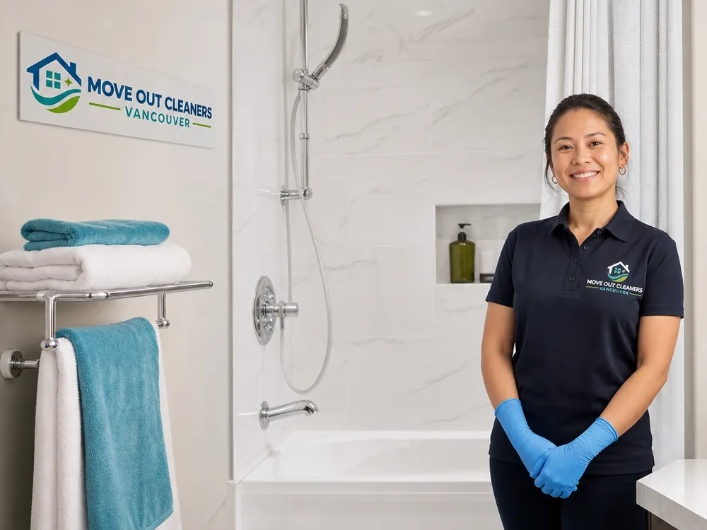Clean shower and tub surround with clear drain, gleaming fixtures, and folded guest towels