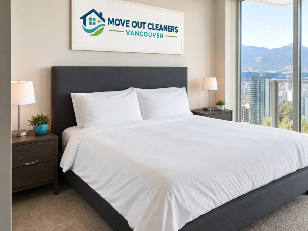 Neatly made bed with hotel-style corners in a freshly cleaned modern Vancouver condo bedroom