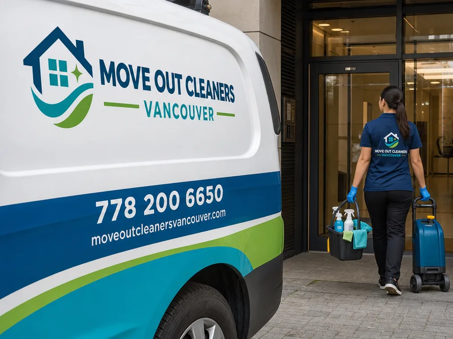 Professional cleaner entering a Vancouver strata building lobby with compact cleaning supplies